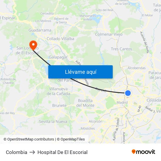 Colombia to Hospital De El Escorial map