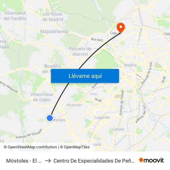 Móstoles - El Soto to Centro De Especialidades De Peñagrande. map