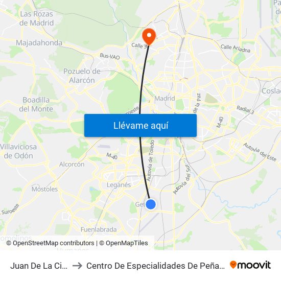 Juan De La Cierva to Centro De Especialidades De Peñagrande. map