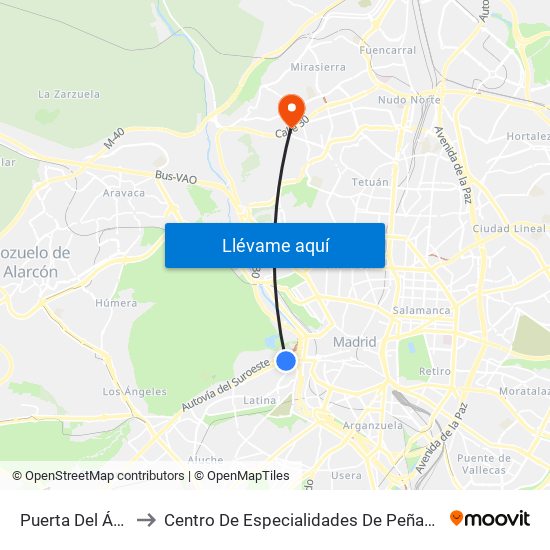 Puerta Del Ángel to Centro De Especialidades De Peñagrande. map