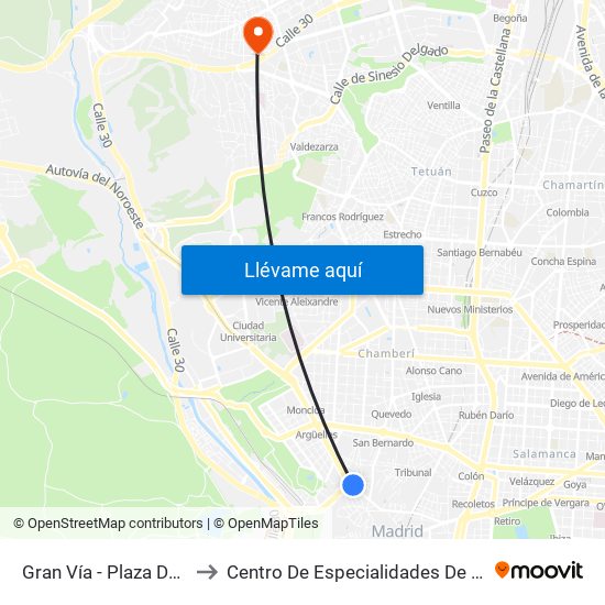 Gran Vía - Plaza De España to Centro De Especialidades De Peñagrande. map
