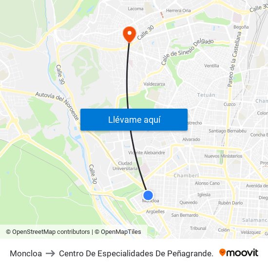 Moncloa to Centro De Especialidades De Peñagrande. map