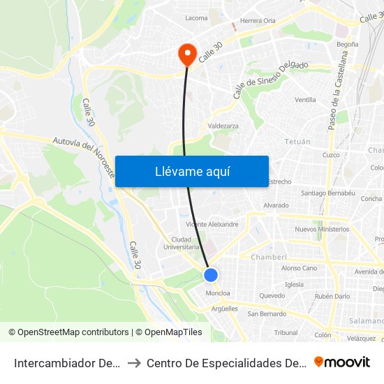 Intercambiador De Moncloa to Centro De Especialidades De Peñagrande. map