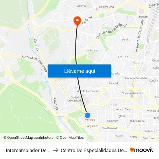 Intercambiador De Moncloa to Centro De Especialidades De Peñagrande. map