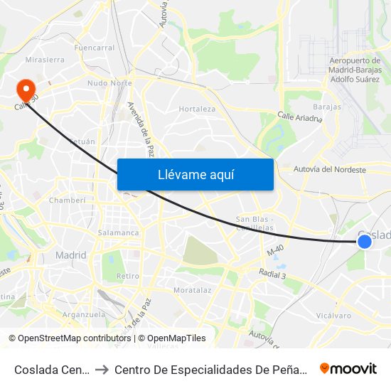 Coslada Central to Centro De Especialidades De Peñagrande. map