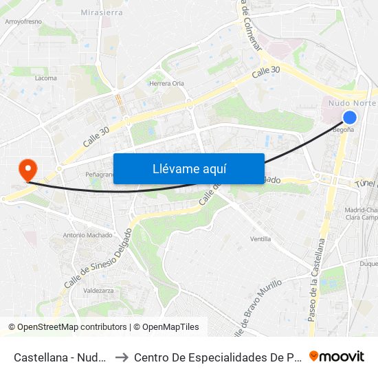 Castellana - Nudo Norte to Centro De Especialidades De Peñagrande. map