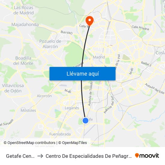 Getafe Centro to Centro De Especialidades De Peñagrande. map