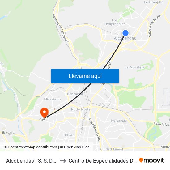 Alcobendas - S. S. De Los Reyes to Centro De Especialidades De Peñagrande. map