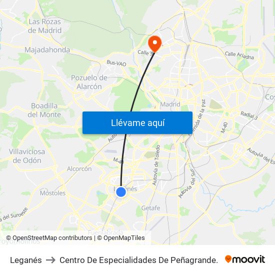 Leganés to Centro De Especialidades De Peñagrande. map