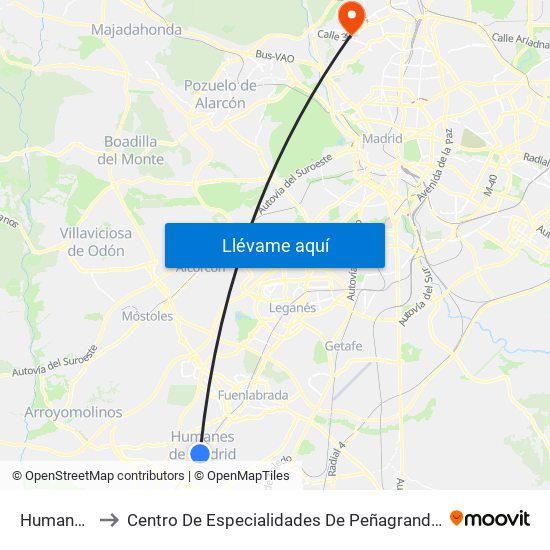 Humanes to Centro De Especialidades De Peñagrande. map