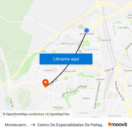 Montecarmelo to Centro De Especialidades De Peñagrande. map