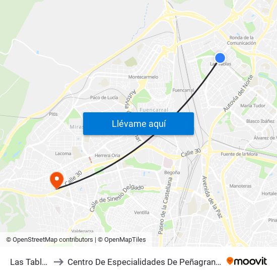 Las Tablas to Centro De Especialidades De Peñagrande. map