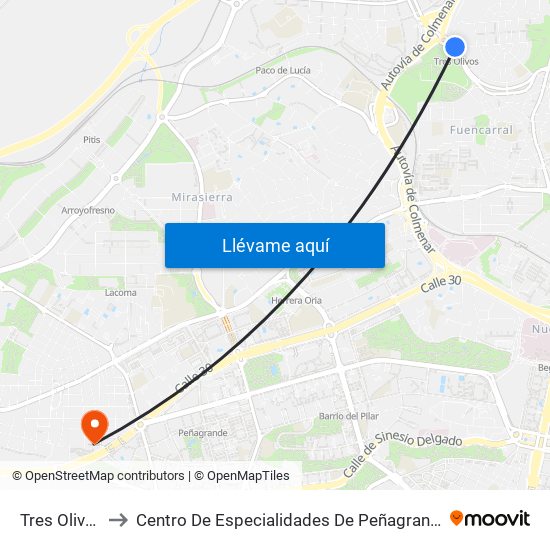 Tres Olivos to Centro De Especialidades De Peñagrande. map