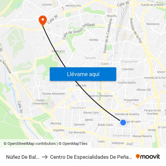 Núñez De Balboa to Centro De Especialidades De Peñagrande. map