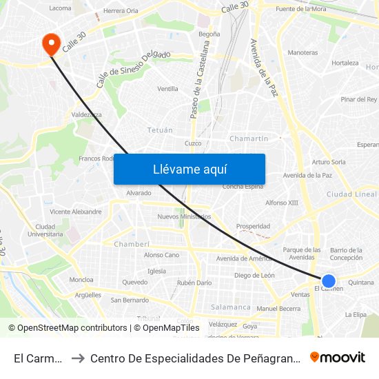 El Carmen to Centro De Especialidades De Peñagrande. map