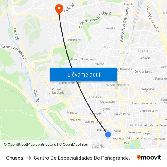 Chueca to Centro De Especialidades De Peñagrande. map