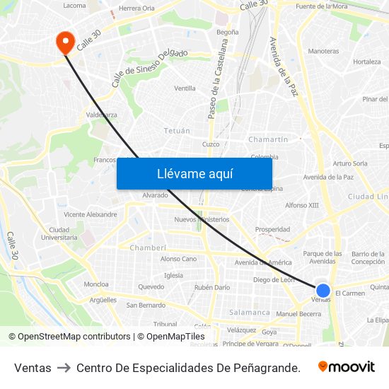 Ventas to Centro De Especialidades De Peñagrande. map