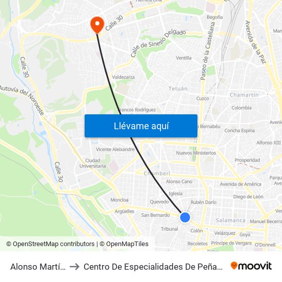 Alonso Martínez to Centro De Especialidades De Peñagrande. map