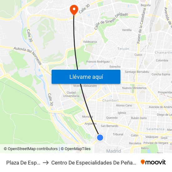 Plaza De España to Centro De Especialidades De Peñagrande. map