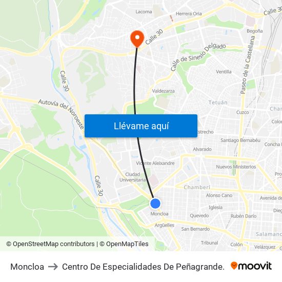 Moncloa to Centro De Especialidades De Peñagrande. map