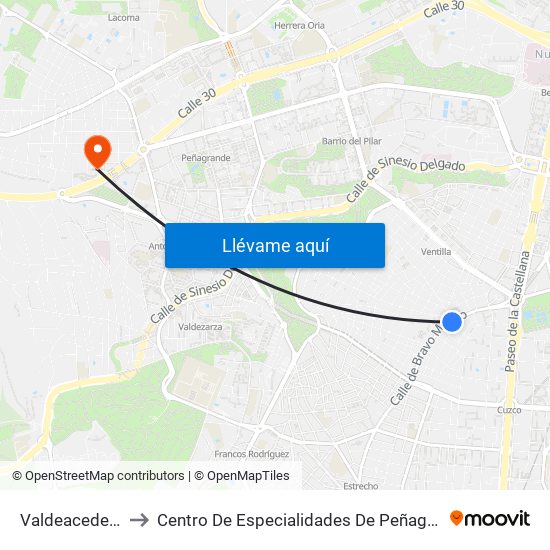Valdeacederas to Centro De Especialidades De Peñagrande. map