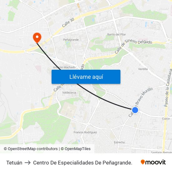 Tetuán to Centro De Especialidades De Peñagrande. map