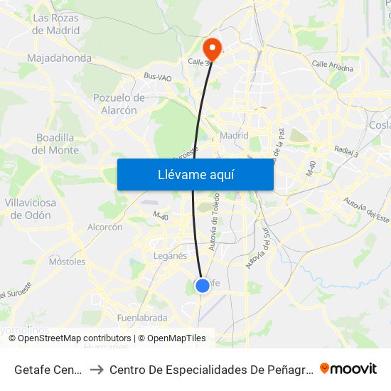 Getafe Central to Centro De Especialidades De Peñagrande. map