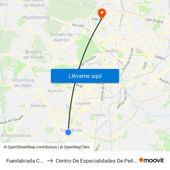 Fuenlabrada Central to Centro De Especialidades De Peñagrande. map