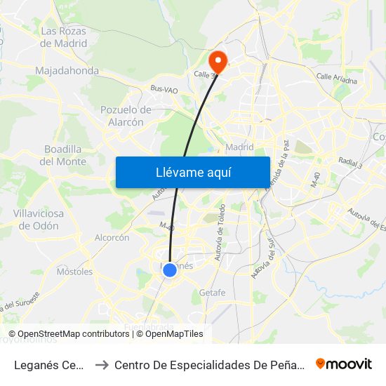 Leganés Central to Centro De Especialidades De Peñagrande. map