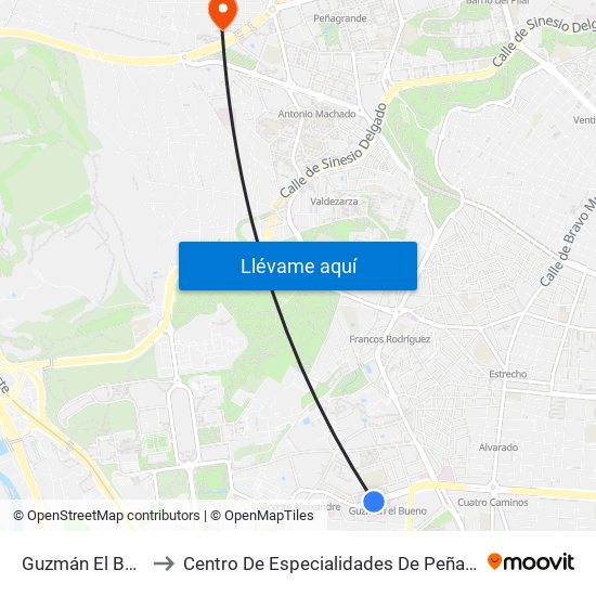 Guzmán El Bueno to Centro De Especialidades De Peñagrande. map