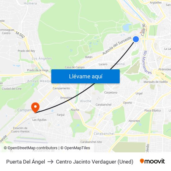 Puerta Del Ángel to Centro Jacinto Verdaguer (Uned) map