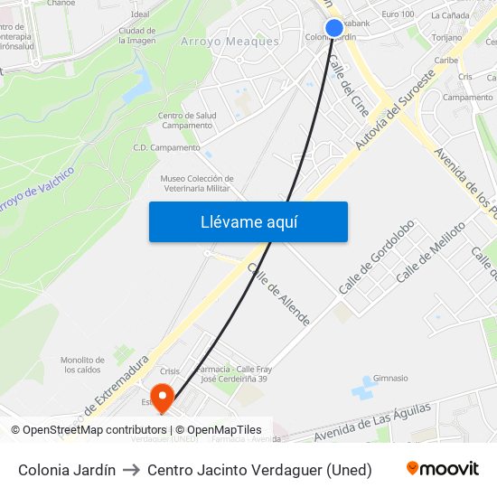 Colonia Jardín to Centro Jacinto Verdaguer (Uned) map