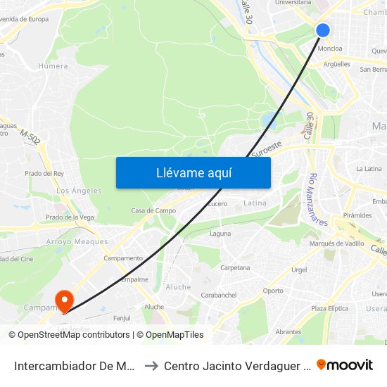 Intercambiador De Moncloa to Centro Jacinto Verdaguer (Uned) map