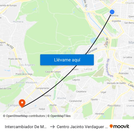 Intercambiador De Moncloa to Centro Jacinto Verdaguer (Uned) map
