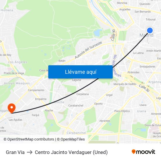 Gran Vía to Centro Jacinto Verdaguer (Uned) map