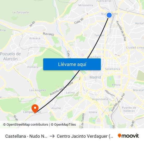 Castellana - Nudo Norte to Centro Jacinto Verdaguer (Uned) map
