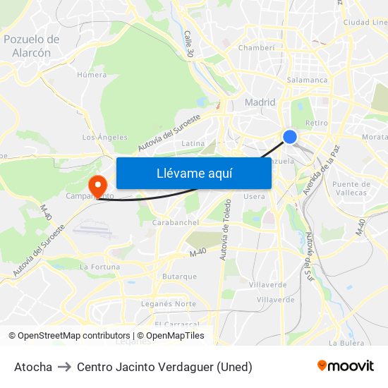 Atocha to Centro Jacinto Verdaguer (Uned) map
