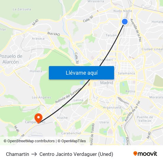 Chamartín to Centro Jacinto Verdaguer (Uned) map