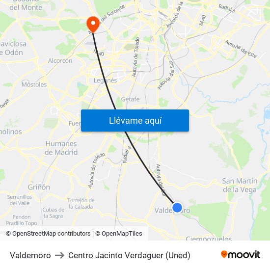 Valdemoro to Centro Jacinto Verdaguer (Uned) map
