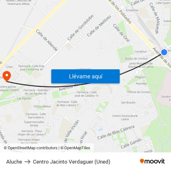 Aluche to Centro Jacinto Verdaguer (Uned) map