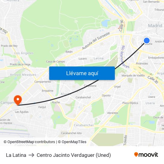 La Latina to Centro Jacinto Verdaguer (Uned) map