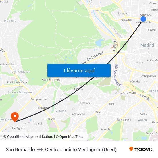 San Bernardo to Centro Jacinto Verdaguer (Uned) map