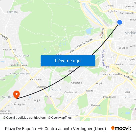 Plaza De España to Centro Jacinto Verdaguer (Uned) map