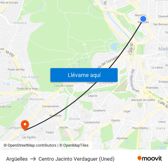 Argüelles to Centro Jacinto Verdaguer (Uned) map