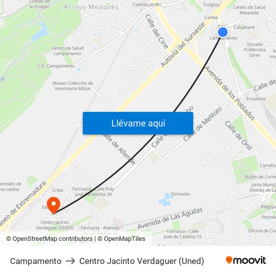 Campamento to Centro Jacinto Verdaguer (Uned) map