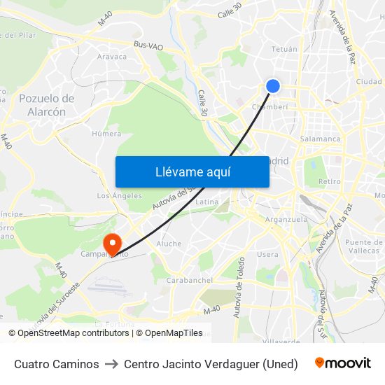 Cuatro Caminos to Centro Jacinto Verdaguer (Uned) map