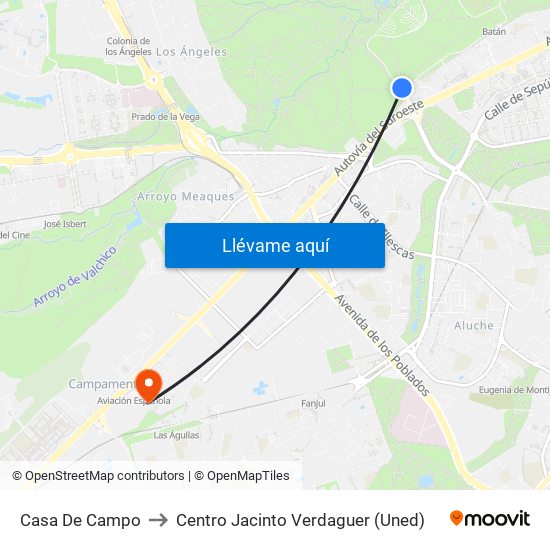 Casa De Campo to Centro Jacinto Verdaguer (Uned) map