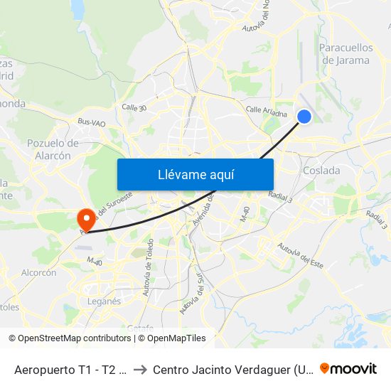 Aeropuerto T1 - T2 - T3 to Centro Jacinto Verdaguer (Uned) map