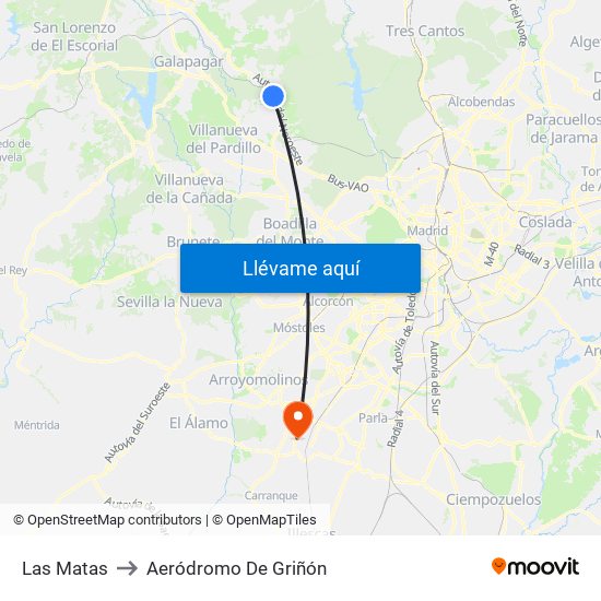 Las Matas to Aeródromo De Griñón map