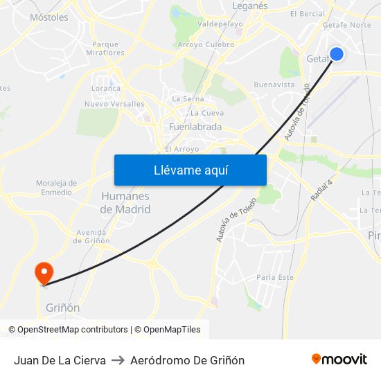 Juan De La Cierva to Aeródromo De Griñón map